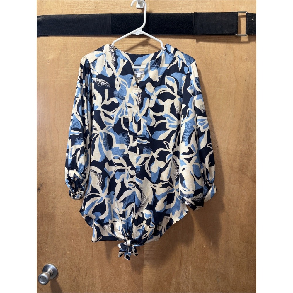 Chico's Women's Blue Tan Floral Flowy Tie Front Blouse Top Size 14